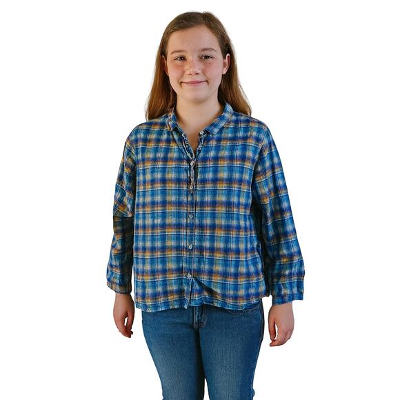 Lands' End Kids Girls Plaid Button-Up Shirt with Ruffle Collar - Size 16 - Picture 1 of 6